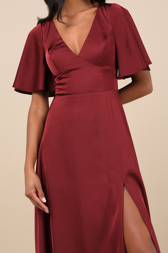 Elegant Confidence Red Satin Flutter Sleeve Cutout Maxi Dress