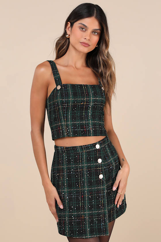 Adorably Posh Dark Green Multi Plaid Tweed Faux-Wrap Mini Skirt