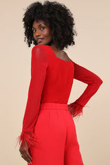 Effortlessly Luxe Red Feather Long Sleeve Bodysuit
