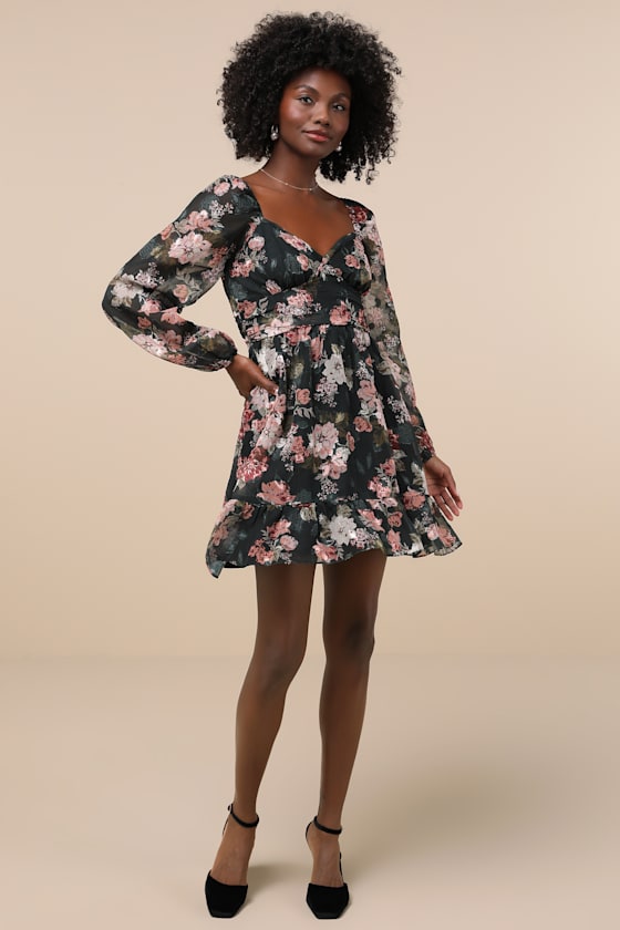 Truly Adorable Green Floral Burnout Balloon Sleeve Mini Dress
