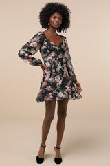 Truly Adorable Green Floral Burnout Balloon Sleeve Mini Dress