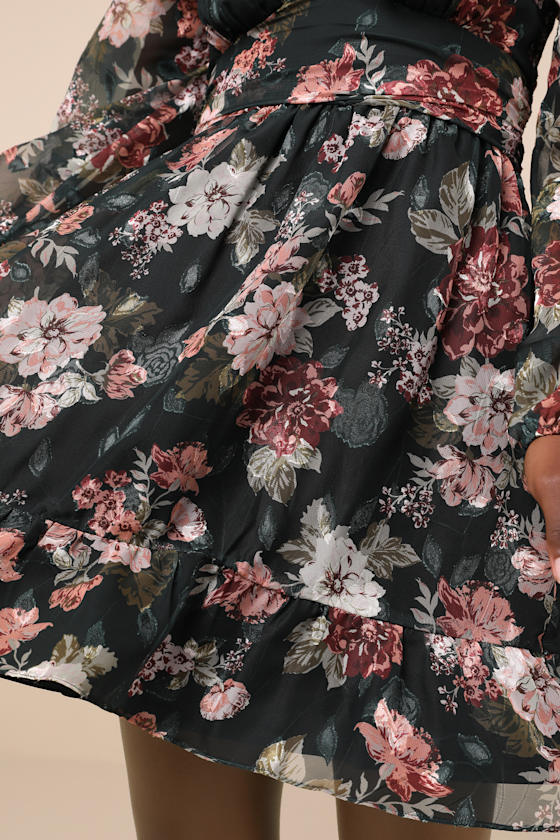 Truly Adorable Green Floral Burnout Balloon Sleeve Mini Dress