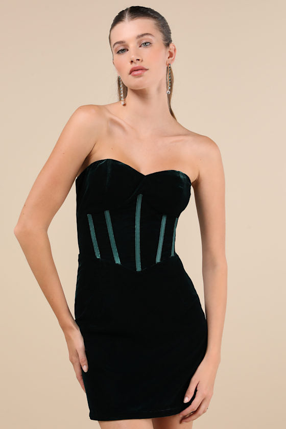 Poised Favorite Emerald Velvet Bustier Strapless Mini Dress