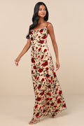 Romance in the Making Beige Floral Print Velvet Maxi Dress