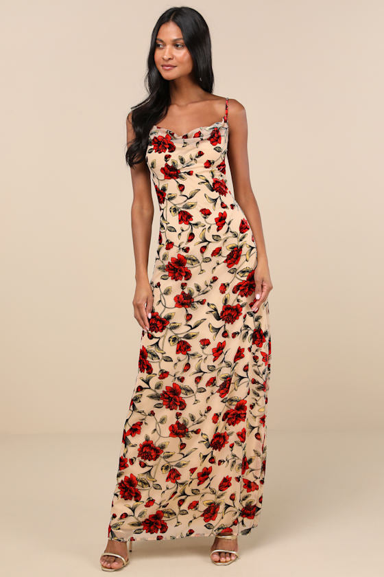Romance in the Making Beige Floral Print Velvet Maxi Dress