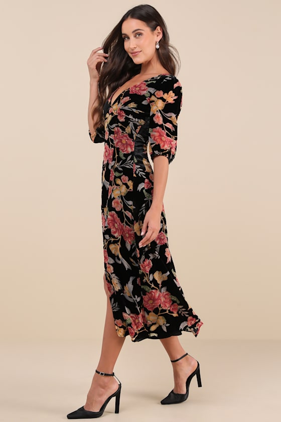 Gloriously Chic Black Floral Burnout Short Sleeve Midi Dress