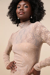 Famous Impression Beige Lace Mock Neck Long Sleeve Maxi Dress