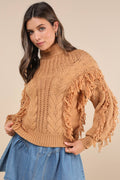 Wintertime Fave Tan Fringe Cable Knit Sweater