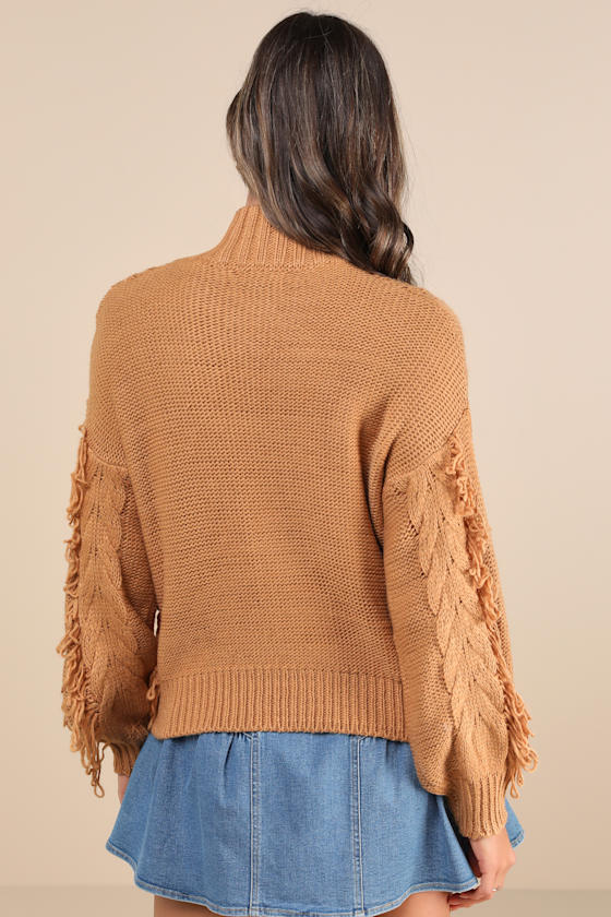 Wintertime Fave Tan Fringe Cable Knit Sweater