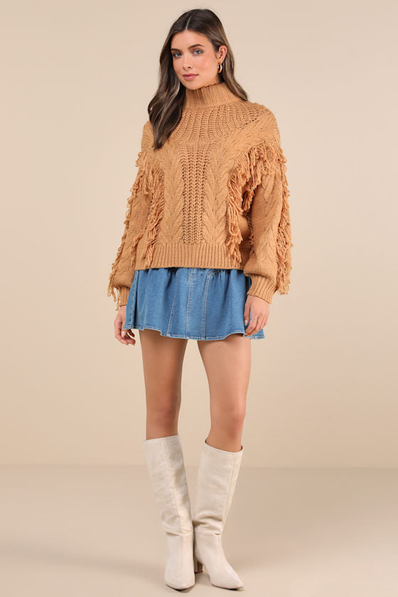 Wintertime Fave Tan Fringe Cable Knit Sweater