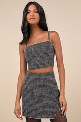 Charismatically Cute Black Tweed Rhinestone Sleeveless Crop Top