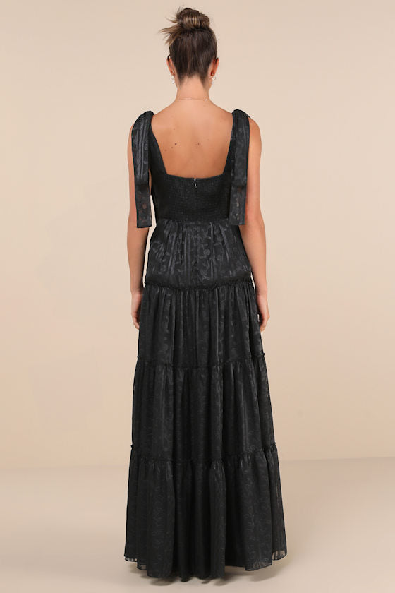 Picturesque Allure Black Jacquard Tie-Strap Maxi Dress