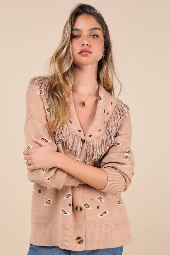 Playful Coziness Tan Bandana Print Fringe Button-Up Cardigan