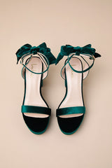 Sassyy Emerald Velvet Bow Platform Ankle Strap Sandals
