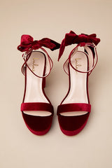 Sassyy Wine Velvet Bow Platform Ankle Strap Sandals