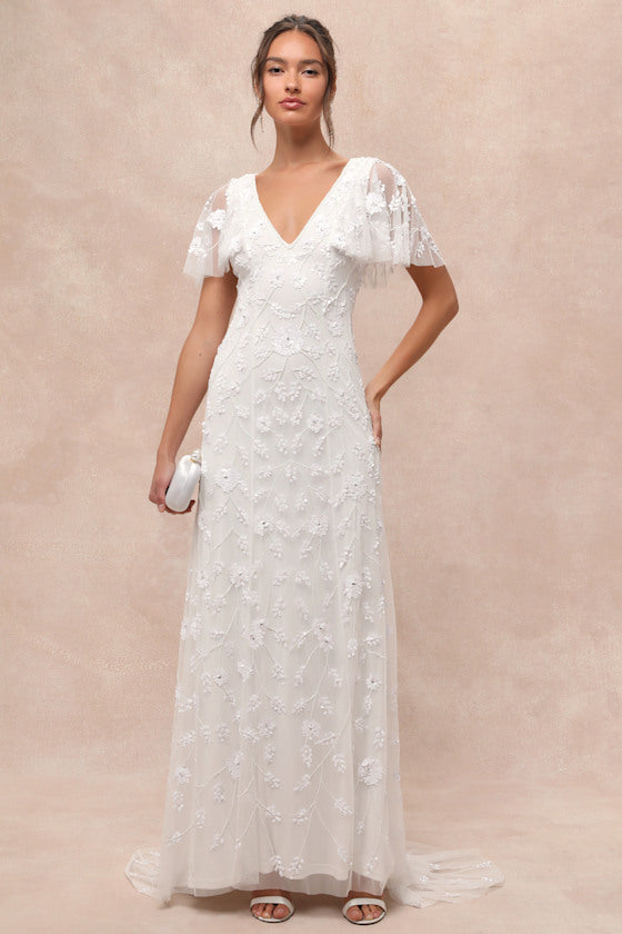 Safiya White Sequin Flutter Sleeve Maxi Dress
