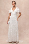 Safiya White Sequin Flutter Sleeve Maxi Dress