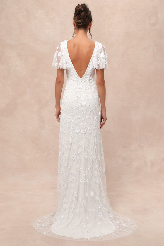 Safiya White Sequin Flutter Sleeve Maxi Dress