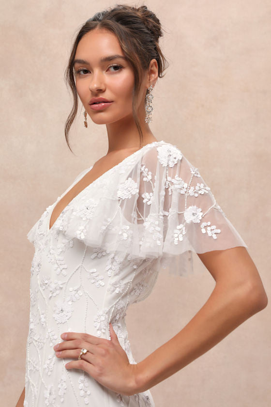 Safiya White Sequin Flutter Sleeve Maxi Dress