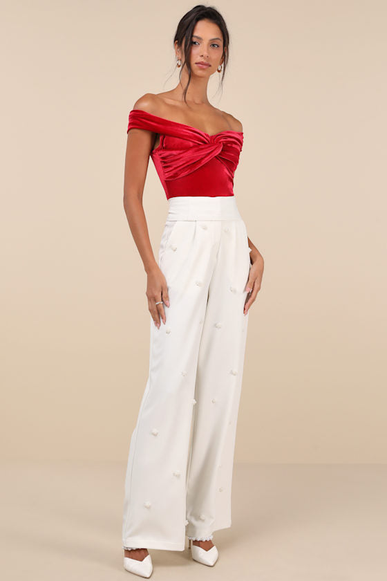 Ideal Attraction Red Velvet Off-the-Shoulder Top