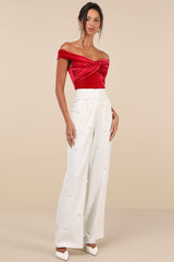 Ideal Attraction Red Velvet Off-the-Shoulder Top