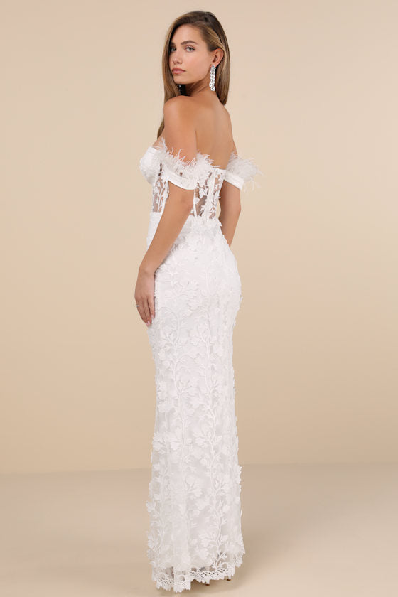 Midnight Sparkle White Embroidered Feather Bustier Maxi Dress