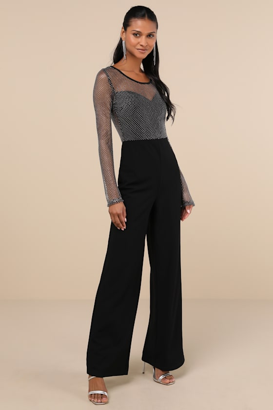 Beyond Glamorous Black Fishnet Rhinestone Jumpsuit