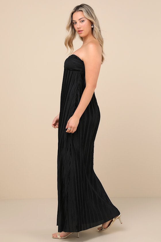 Whimsical Beauty Black Satin Plisse Strapless Maxi Dress