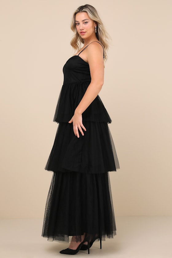 Tulle-y Amazing Black Tulle Sleeveless Bustier Maxi Dress