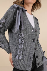 Hesper Heather Grey Cable Knit Lace-Up Cardigan Sweater