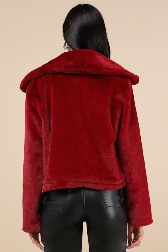 Cuddly Sensation Wine Red Faux Fur Cropped Jacket