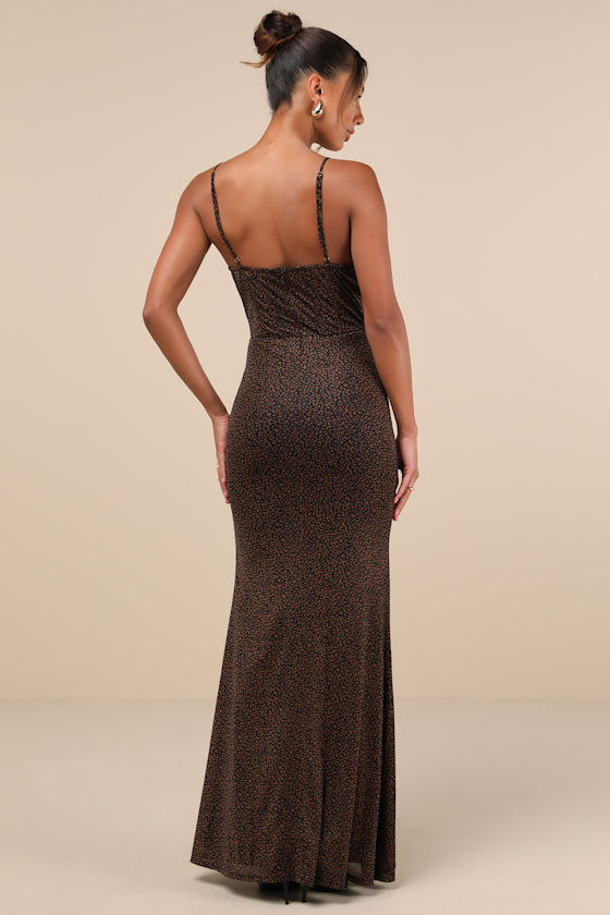 Stunning Wonder Black Leopard Mesh Bustier Mermaid Maxi Dress