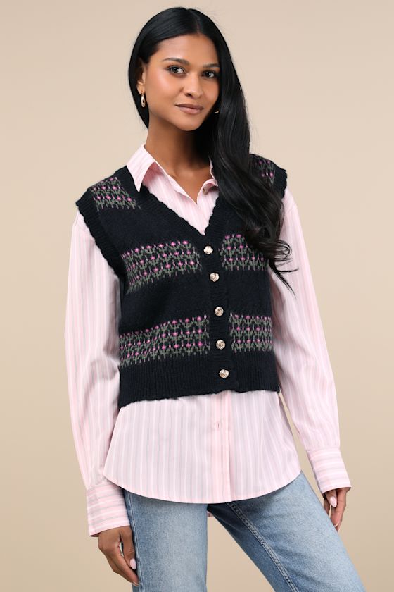 Winter Classic Black Floral Sweater Vest