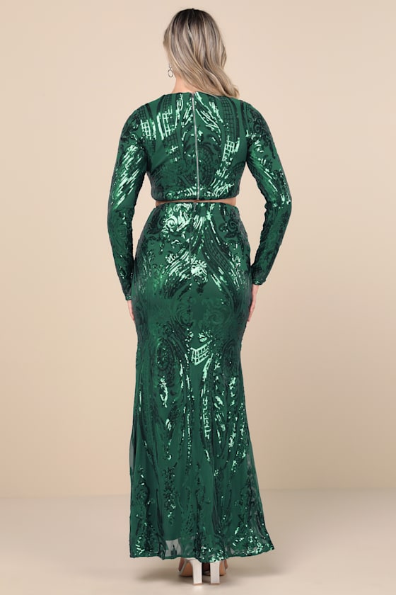 Luxe Aesthetic Green Sequin Long Sleeve Two-Piece Maxi Dress