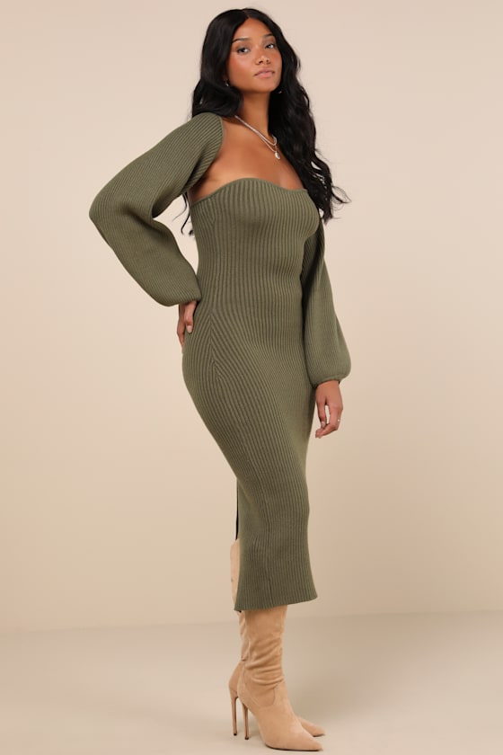 Autumn Aura Olive Green Ribbed Two-Piece Sweater Dress