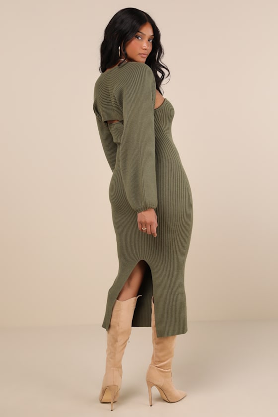 Autumn Aura Olive Green Ribbed Two-Piece Sweater Dress