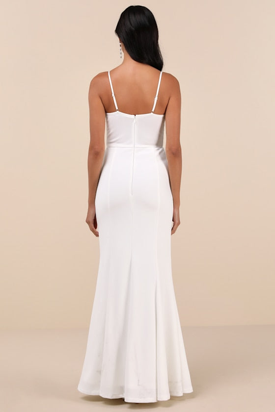 Luxe Allure White Beaded Rhinestone Bustier Maxi Dress