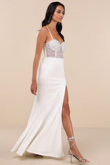 Luxe Allure White Beaded Rhinestone Bustier Maxi Dress