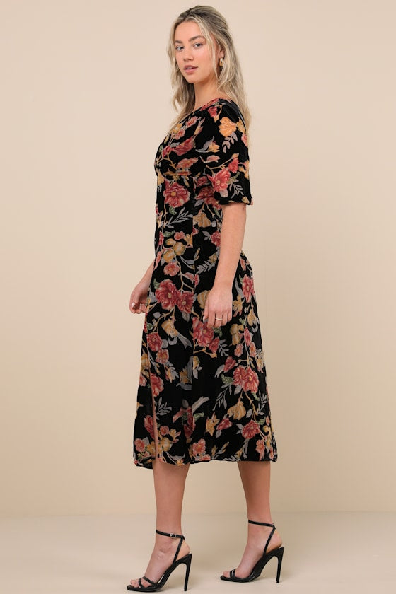 Gloriously Chic Black Floral Burnout Short Sleeve Midi Dress