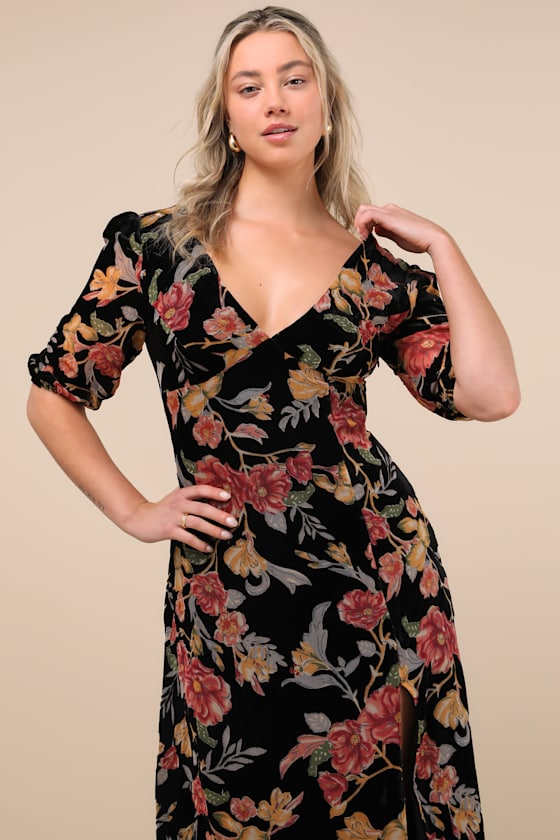 Gloriously Chic Black Floral Burnout Short Sleeve Midi Dress