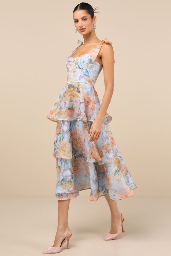 Playfully Posh Blue Floral Organza Tie-Strap Tiered Midi Dress