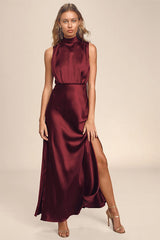 Classic Elegance Wine Satin Maxi Dress