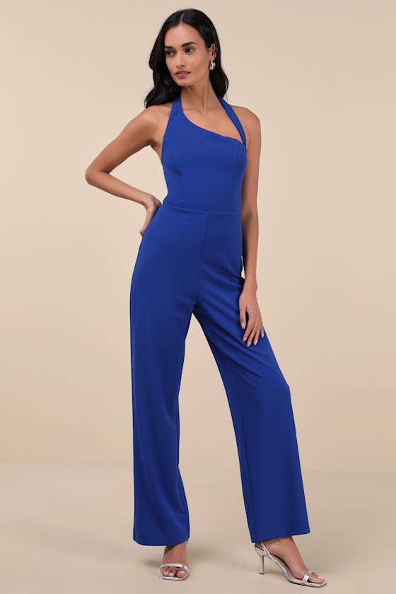 Flirty Outing Royal Blue Asymmetrical Halter Jumpsuit