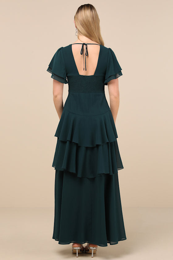 Midnight Mood Emerald Green Tiered Maxi Dress