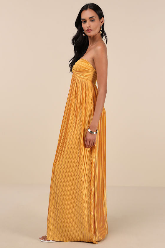 Whimsical Beauty Golden Yellow Satin Plisse Strapless Maxi Dress