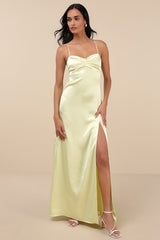 Stunning Example Light Yellow Satin Backless Maxi Dress
