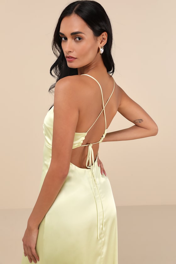 Stunning Example Light Yellow Satin Backless Maxi Dress