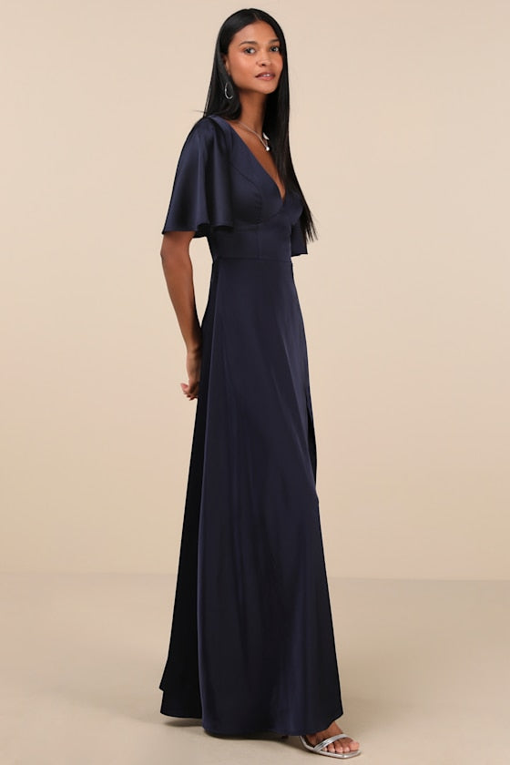 Elegant Confidence Navy Satin Flutter Sleeve Cutout Maxi Dress