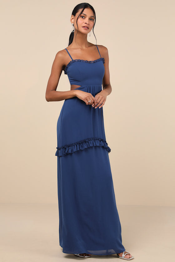 Pronounced Perfection Dark Blue Cutout Tie-Back Maxi Dress
