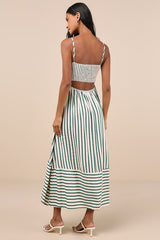 Exceptionally Pristine Green and Cream Striped Cutout Midi Dress
